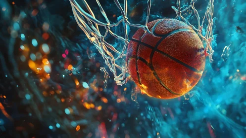 Basketball entering net amid blue and orange light effects.