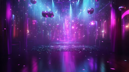 Neon lit dance floor shows reflective balls and falling confetti