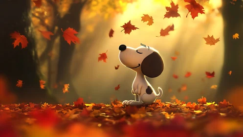 Cartoon beagle enjoys golden autumn leaves in soft light