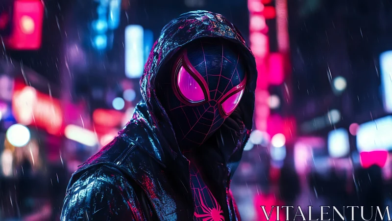 Neon raindrops crown a hooded spider-hero in electric night