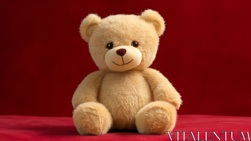 Soft beige teddy bear sits against rich red velvet backdrop.