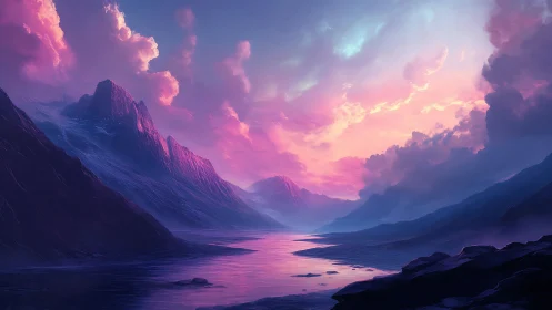 Spectral alpine fjord under volumetric twilight scattering.