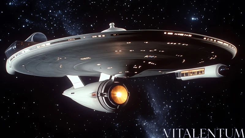 Futuristic starship with saucer hull traverses deep space