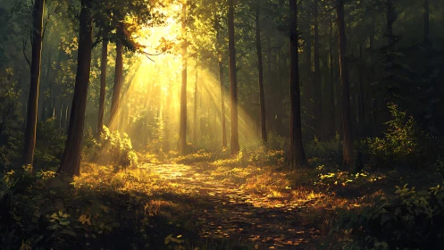 Forest pathway with sunlight filtering through tall trees.