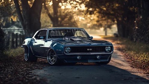 Sunlit forest lane crowns a midnight-blue muscle legend