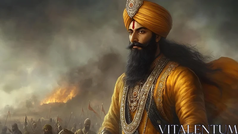 Warrior leader in golden attire stands before burning battlefield