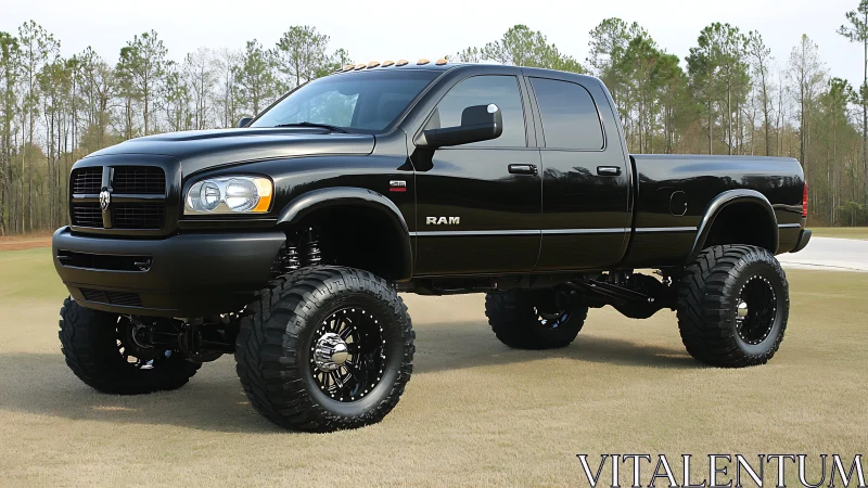 Lifted black Dodge Ram pickup on grass with forest backdrop.