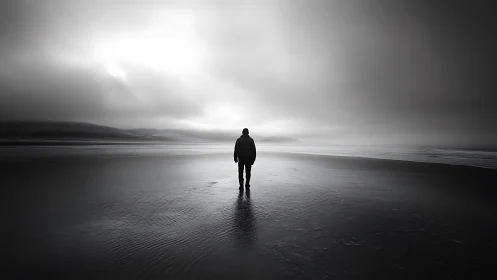 Solitary figure on vast monochrome shoreline at dusk.