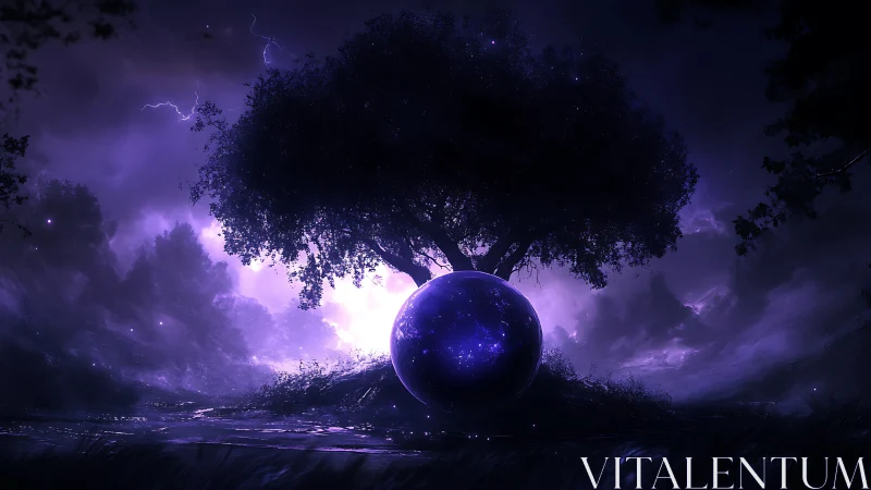 Night tree above glowing cosmic orb in violet storm.