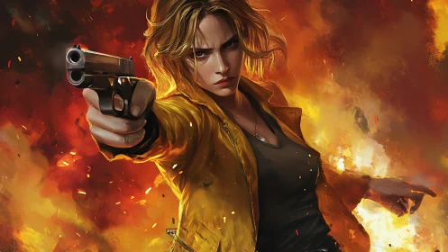 Fierce gunwoman advances through raging cinematic flames.