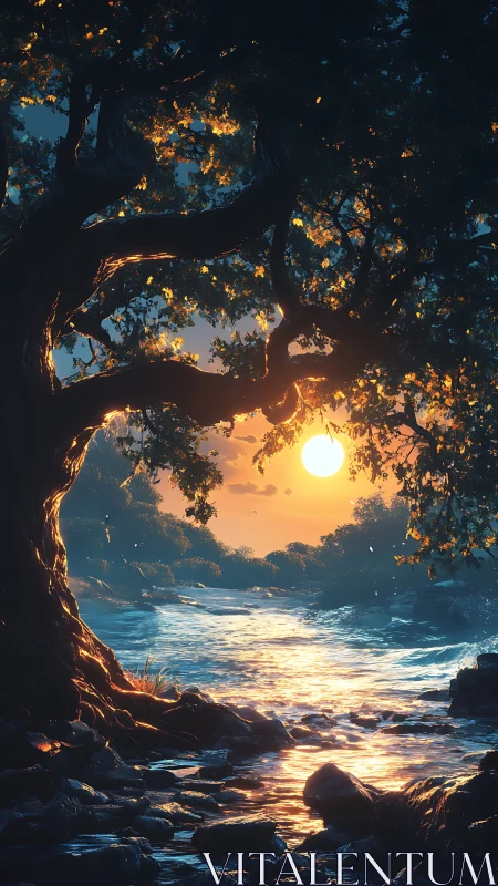 Sunset river beneath luminous tree canopy at twilight.