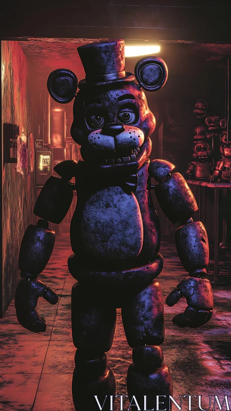 Midnight animatronic sentinel stalks neon‑lit hallway.