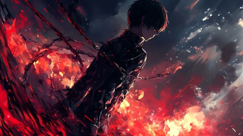 Solitary hero wrapped in chains above swirling crimson fire.