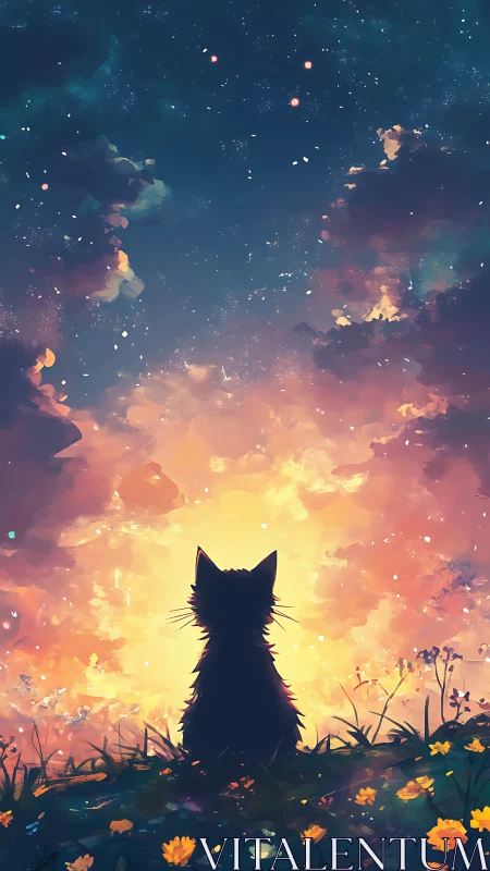 Silhouetted Cat Beneath Luminous Sunset Sky.