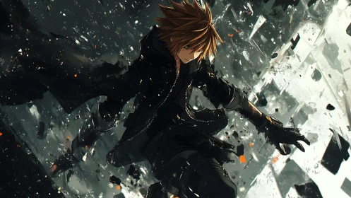 Dark clad anime fighter amid shattered debris field.