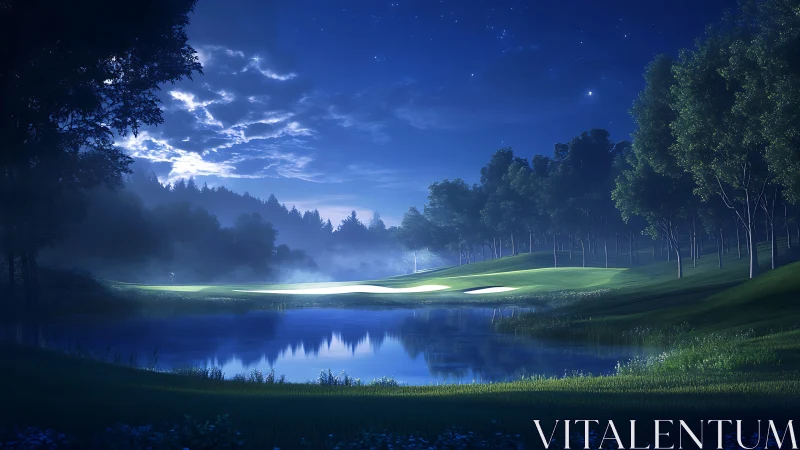 Nighttime golf course landscape is illuminated by moonlight