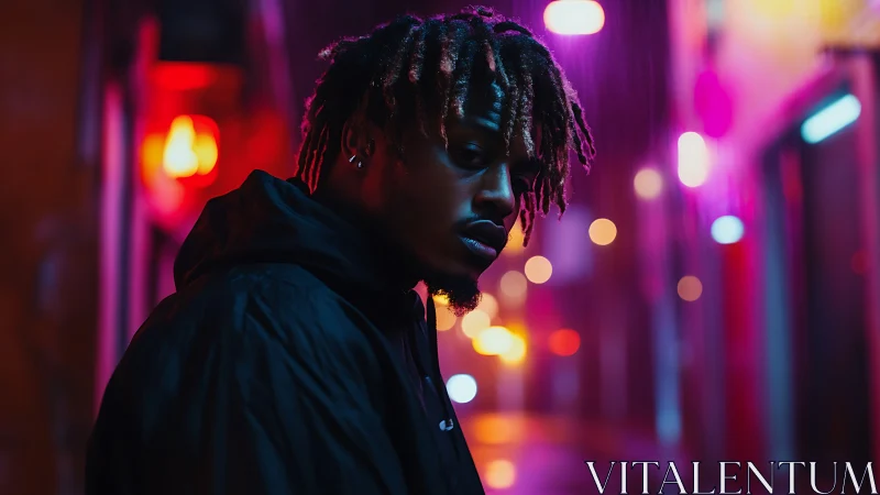 Moody night portrait glowing with neon city color and rain.