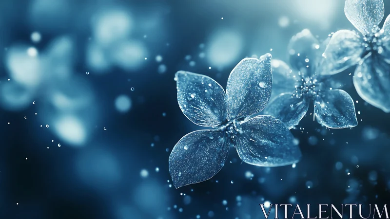 Frost-Covered Flowers in Blue Bokeh Light.