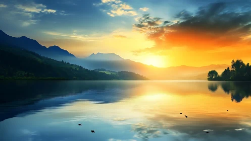 Spectral-gradient sunrise over mirror-symmetric mountain lake.