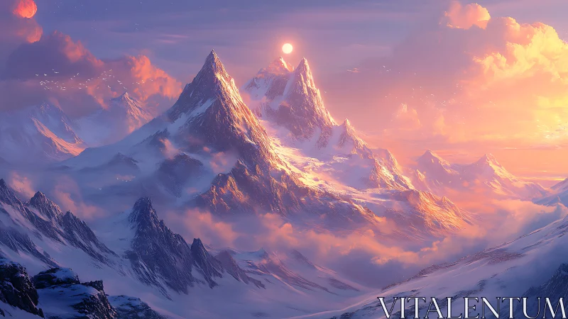 Sunlit fantasy peaks above glowing clouded ranges.