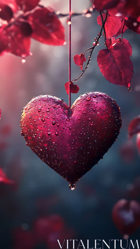 Red Heart Form Suspended Against Botanical Background