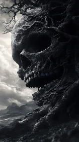 Lithic necro-landform skull with erosion-sculpted root strata.