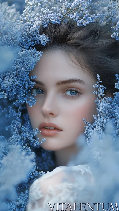 Frost-kissed muse adrift in a cloudburst of baby blue blooms.