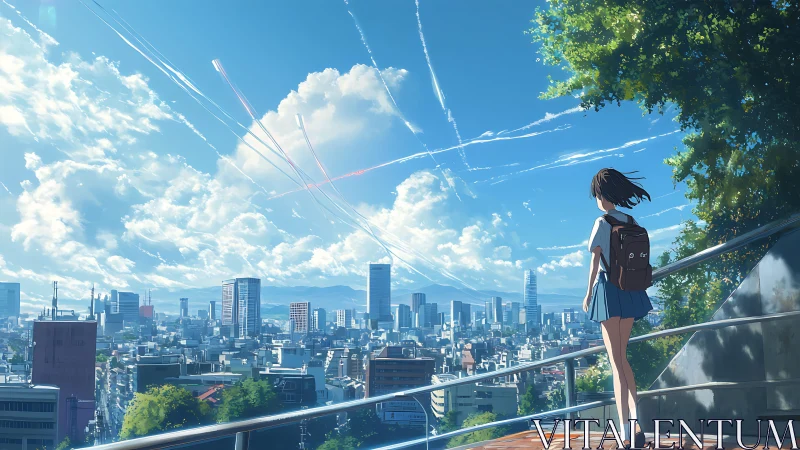 Wind-swept student observes contrail-laced skyline from overlook