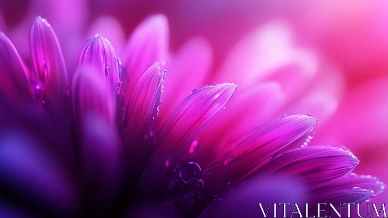 Vibrant magenta petals glistening with dewdrops in dreamy close-up