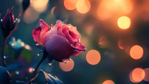 Crimson Rose with Water Droplets Against Bokeh Sunset Backdrop.