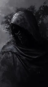 Hooded skeletal wraith in monochrome digital shadows.