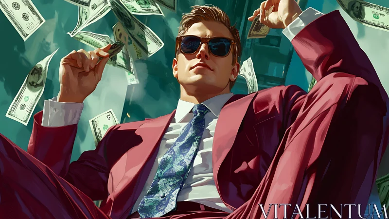 Confident man in crimson suit basking in a whirlwind of cash.