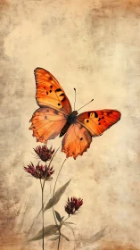 Rustic orange butterfly poised above wild clover blooms.