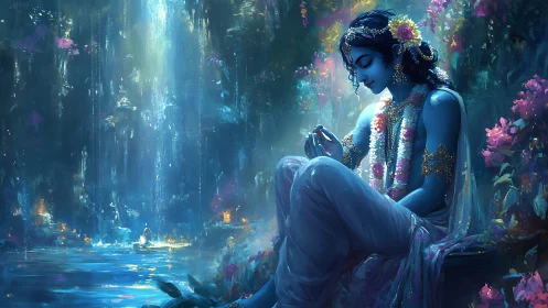 Moonlit river hushes as blue divine musician dreams