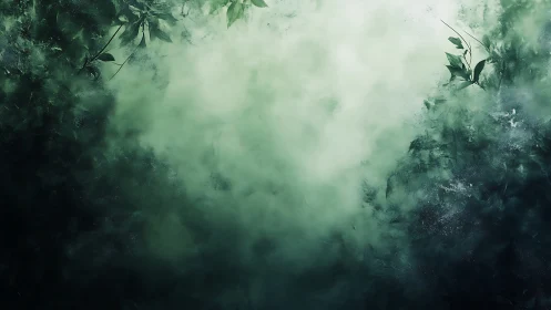 Mystic green mist envelops dark forest foliage edge.