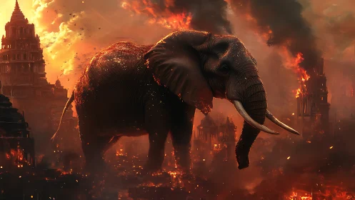 Colossal war elephant strides through burning fallen city.