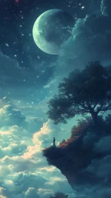 Solitary dreamer ascends a celestial stairway beneath moonlit skies