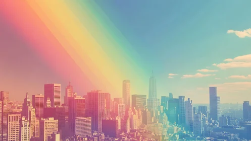 Sunlit rainbow gradients wash over a vibrant city skyline