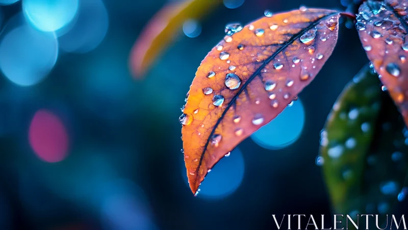 Rain-kissed ember leaf against dream-bright midnight bokeh.