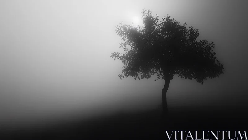Quiet tree silhouette resting in soft silver morning fog.