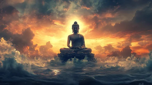 Seated Buddha statue amid ocean waves under vivid sky.