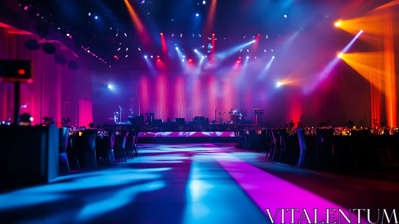 Stage-lit banquet hall with multicolor wash lighting and fog effects