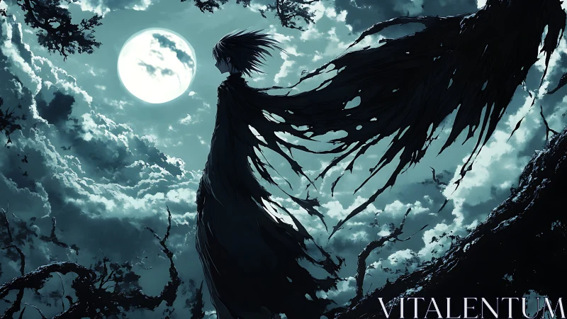 Dark figure with tattered cloak stands beneath luminous moon