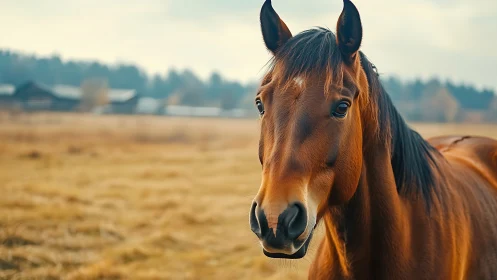 Curious brown horse gazing softly across a golden field.