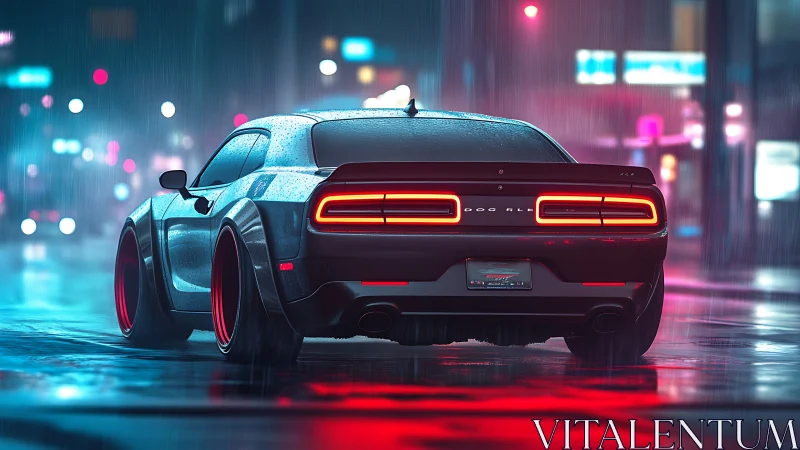 Neon soaked muscle car cruising through a rainy city night.