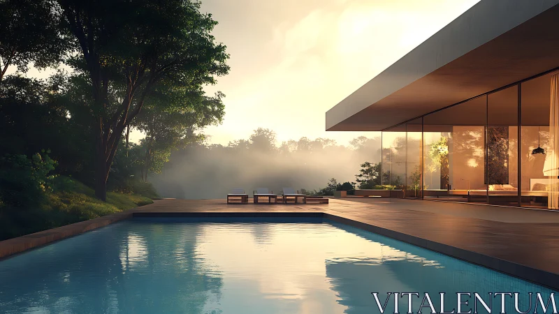 Sunrise glass villa gazes over a tranquil forest poolscape.