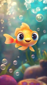 Smiling goldfish friend floating through a bubbly dream.