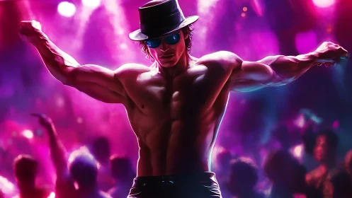 Shirtless male dancer on nightclub stage with neon lighting.