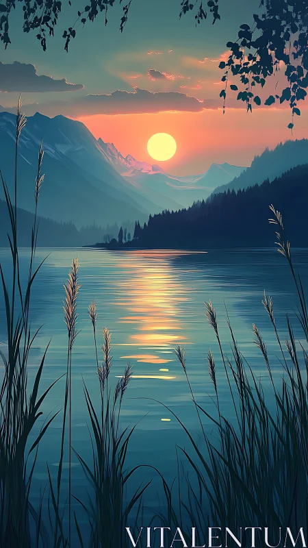 Sunlit alpine lake at dusk with layered peaks and reeds.