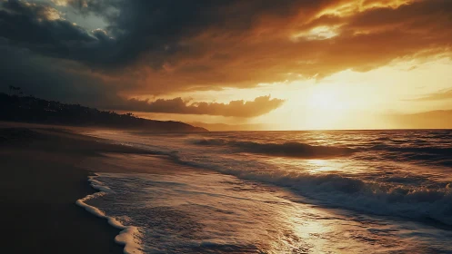 Stormy sunset sky over quiet ocean shoreline view.